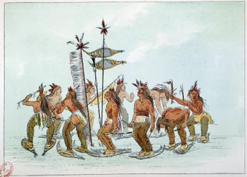 Indianen van Amerika: Sneeuwschoendans in de Chippeway-stam. Illustratie door George Catlin