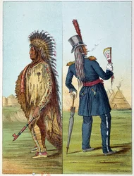 Indianen van Amerika: Indian Assiniboin gekleed in militair uniform met in zijn zakken twee flessen whisky. Illustratie door George Catlin (1794-1872)