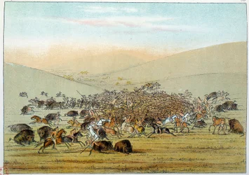 Indianen van Amerika: Indianen van de Miniatarees die buffels jagen met speren. Illustratie door George Catlin (1794-1872)