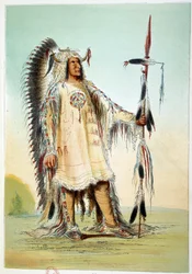 Indianen van Amerika: Mah-To-Toh-Pa (Mah To Toh Pa), tweede Mandan-hoofdman in hoofdmanstenue. Illustratie door George Catlin (1794-1872)