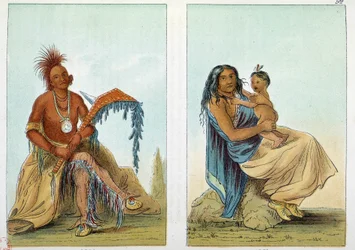 Indianen van Amerika: portret van een leider van de Osage, Clermont genaamd, met zijn vrouw en zoon. Illustratie door George Catlin (1794-1872)