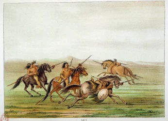 Indianen van Amerika: Oorlogscommandanten trainen te paard. Illustratie door George Catlin (1794-1872)