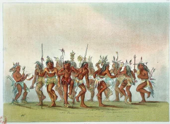 Indianen van Amerika: dans van de geesten onder de Sioux om de genade van de hemel te verkrijgen. Illustratie door George Catlin (1794-1872)