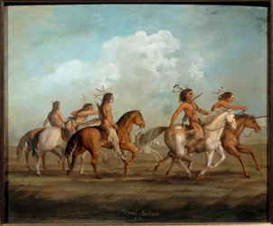 Indianen van Amerika te paard Schilderij door George Catlin (1794-1872) 19e eeuw La Rochelle, Musee du Nouveau Monde