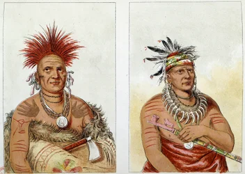 Indianen van Amerika: het paard van de stam van de Grote Pawnees (of Paneassa, Pari, Pariki) (nr. 138) tweede hoofdman plus leeftijd (nr. 139) - De tweede heeft een halsketting gemaakt van berenklauwen - Illustratie door George Catlin (1794-1872)
