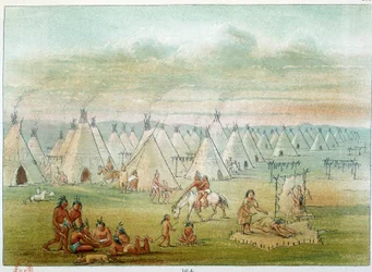Indianen van Amerika: Comanche dorp, de tenten zijn gemaakt van bizonhuiden. Illustratie door George Catlin