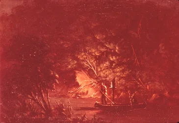Ojibwe die zalm spietsen bij fakkellicht, 1846-1848