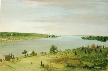 Sault Ste. Marie, met het Amerikaanse garnizoen in de verte