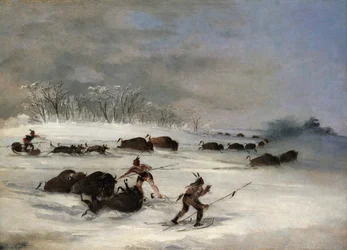 Sioux Indianen op sneeuwschoenen die buffels drijven