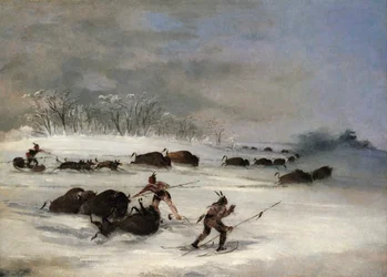 Sioux-indianen op sneeuwschoenen die buffels lanceren, 1846-1848