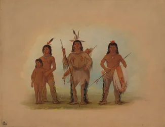 Spokan hoofdman, twee krijgers en een jongen, 1855-1869