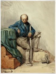 Kale man zittend op bezittingen (recto); dame in gele jurk (verso)