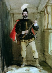Hamilton van Bothwellhaugh op het punt om Regent Murray neer te schieten, in Linlithgow, op 23 januari 1570