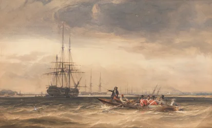 Soldaten worden naar een Oostindiëvaarder geroeid bij Northfleet