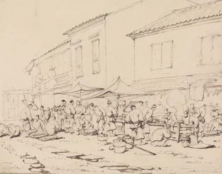 Een marktplein en menigte
