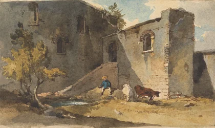 Figuur met runderen staand in de schaduw van een gebouw