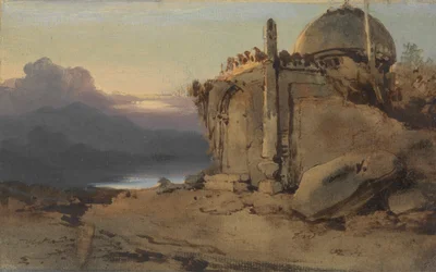 Ruïnes van een tempel, zonsondergang