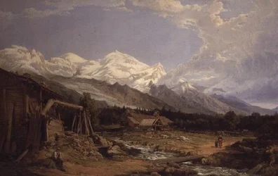 Alpenlandschap met figuren bij een bergstroom