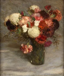 Pinks en Scabiosa (olieverf op doek)