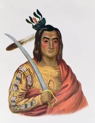 Mou-Ka-Ush-Ka of „De bevende aarde“, een Yankton Sioux-opperhoofd, illustratie uit The Indian Tribes of North America van Thomas L. McKenney en James Hall, uitgegeven door John Grant