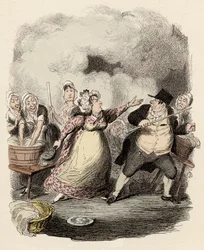 In het hospice wordt Monsieur Bumble streng afgewezen door zijn vrouw, Madame Corney - Mr Bumble vernederd in de ogen van de armen - Illustratie voor "Oliver Twist" (Olivier) (De avonturen van Oliver Twist) door Charles Dickens (1812-1870), door George Cru