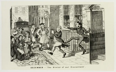 December - "De winter van ons ongenoegen" uit de staaletsen van George Cruikshank bij de stripalmanakken: 1835-1853