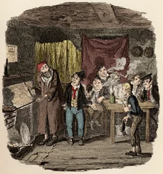 In Londen, Jack Dawkins genaamd de Vos presenteert Oliver aan Fagin en zijn team van misdadigers - Oliver geïntroduceerd aan de respectabele oude heer - Illustratie voor 