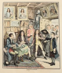 Jack Sheppard beschuldigt Thames Darrell van diefstal, illustratie uit Jack Sheppard: A Romance door William Harrison Ainsworth, gepubliceerd 1839