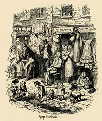Monmouth Street, Soho, een illustratie door G. Cruikshank voor Dickens