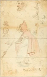 Moeder Shipton (recto); Blad met schetsen: Fleur-de-Lis en figuren (verso)