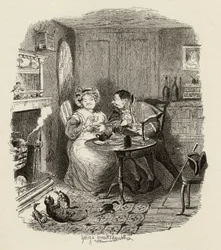 Mr Bumble en Mrs Corney drinken thee, uit 