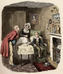 Oliver wordt opgevangen en verzorgd door meneer Brownlow en zijn huishoudster mevrouw Bedwin - Oliver herstelt van de koorts - Illustratie voor “Oliver Twist” (Oliver) (De avonturen van Oliver Twist) van Charles Dickens (1812-1870), door George Cruikshank