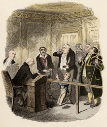 Oliver smeekte de kinderrechter om hem niet in de leer te laten gaan bij Gamfield, de schoorsteenveger - Oliver ontsnapt aan het leerling worden van de schoorsteenveger - Illustratie voor Charles Dickens 