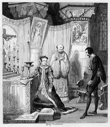 Koningin Mary verlooft zich op aandringen van Simon Renard met Filips van Spanje, 1840