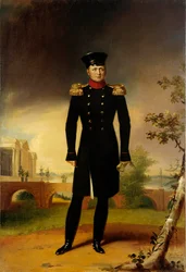 Portret van de Russische tsaar Alexander I (1777-1825) (de Grote) in officierskostuum. Schilderij door George Dawe (1781-1829) Sint-Petersburg. Hermitage Museum