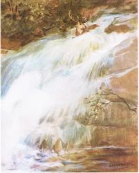 Zijn hoofd hoog in de lucht werpend in een laatste daad van verzet, dook hij in de waterval