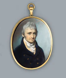 Mr Uthoff, in blauwe jas met gouden knopen, buffkleurig vest en geknoopte das, gepoederd krullend haar, 1805