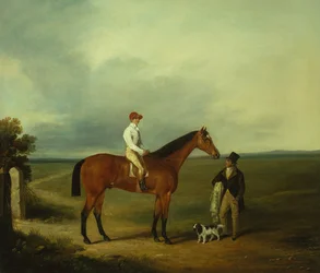 Een renpaard met een jockey, trainer en spaniël (olieverf op doek)