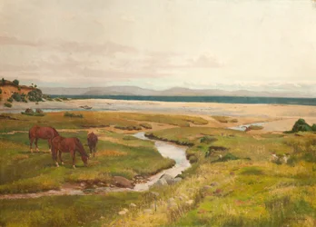 Kustscène met paarden