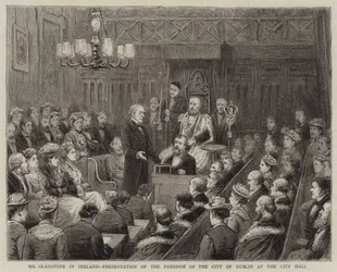 Mr. Gladstone in Ierland, presentatie van de vrijheid van de stad Dublin in het stadhuis