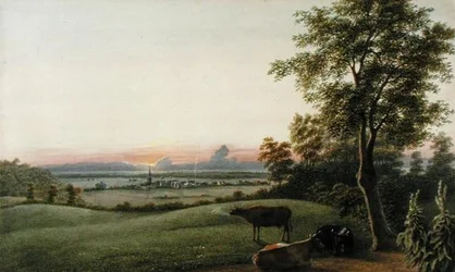 Zonsopgang - Flatbush en de Oceaan vanaf de Greenwood Cemetery, Long Island, New York, c.1830-40
