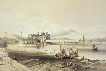 Conway Bridge, constructie van de tweede buis, september 1848, gegraveerd door de kunstenaar