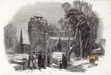Kerstmorgen: Naar de kerk gaan, gegraveerd door W.J. Linton, uit 
