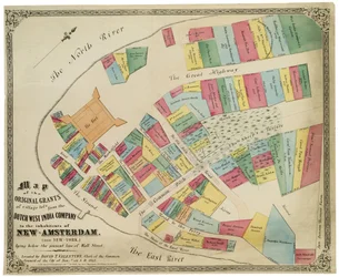 Kaart van de oorspronkelijke toewijzingen van dorpspercelen van de Nederlandse West-Indische Compagnie aan de inwoners van Nieuw-Amsterdam (nu New York) onder de huidige lijn van Wall Street, 1857