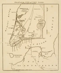 Plan van de stad New York met de gemaakte en moeraslanden, 1856