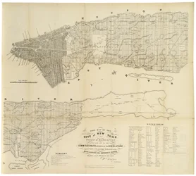 Deze kaart van de Stad New York en het Eiland Manhattan zoals uitgezet door de Commissarissen aangesteld door de Wetgevende Macht, 1853