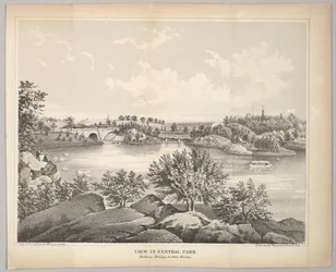 Uitzicht in Central Park met Balkonbrug en Eikenbrug Valentines Manual, 1861