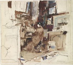 Dame in atelier achter harmonium