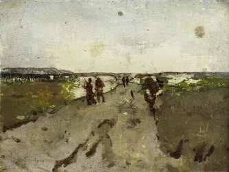 Landschap bij Waalsdorp, met soldaten op oefening