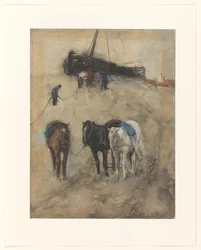 Paarden op het strand, op de achtergrond een schuit en vissers